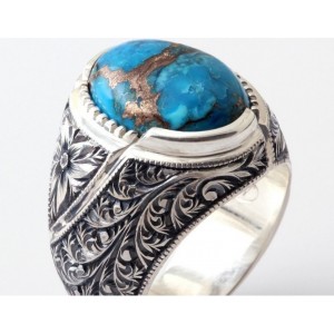 Orjinal Firuze Taşlı Nurullah Daştan Usta Özel Tasarım Kalemişi Gümüş Yüzük
