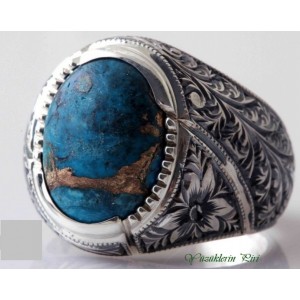 Orjinal Firuze Taşlı Nurullah Daştan Usta Özel Tasarım Kalemişi Gümüş Yüzük