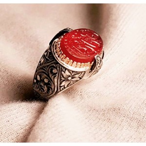 Osmanlı Antik Kırmızı Mühür Taşı Nurullah Daştan Özel Tasarım Kalemişi Gümüş Yüzük