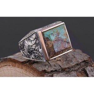 Nurullah Daştan Usta Nişabur Firuze Taşlı Kalem İşi Gümüş Yüzük