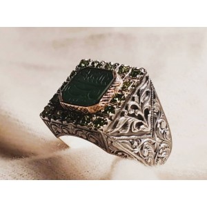 Nurullah Daştan Usta Green Agate Stone Özel Kalem işi Gümüş Yüzük