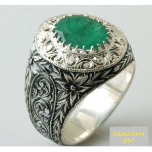 Nurullah Daştan Usta - Orjinal Zürmrüt Taşlı Özel Kalem işi Gümüş Yüzük