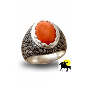 Nurullah Daştan Usta Kızıldeniz Mercan Taşlı Özel Kalem İşi Gümüş Yüzük